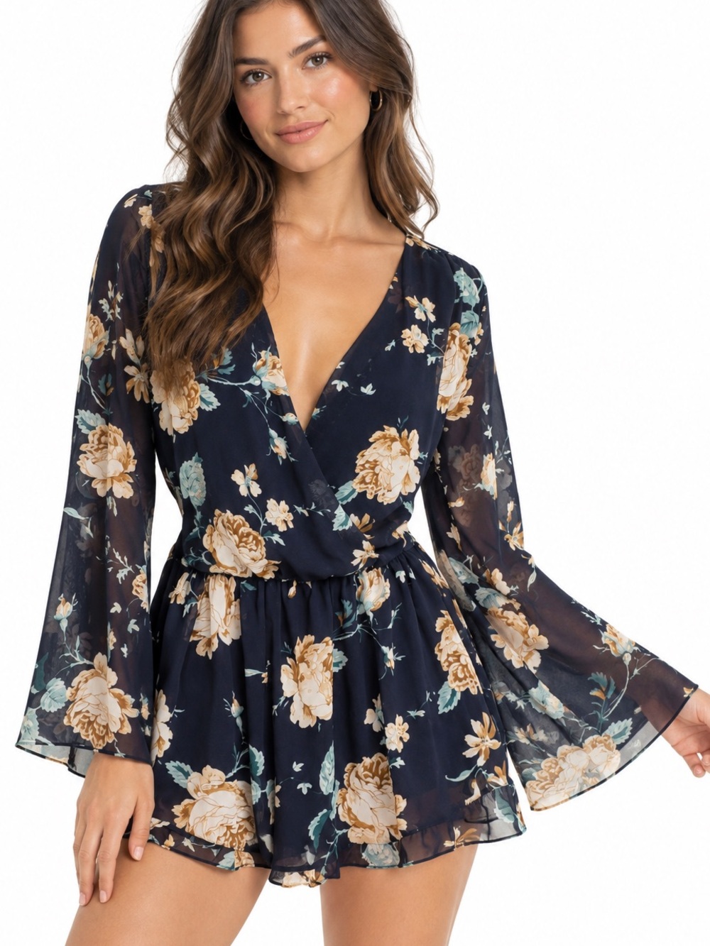 ALTAR’D STATE Navy Floral Romper Sheer Bell Sleeve Boho Wrap Front Small